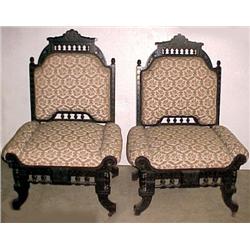 A pair of walnut Victorian and upholstered side c