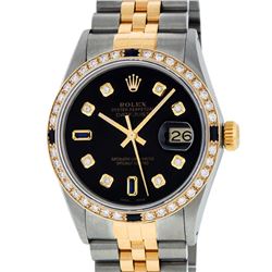 Rolex Mens 2 Tone 14K Black Diamond & Sapphire 36MM Datejust Wristwatch