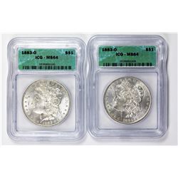 TWO 1883-O MORGAN SILVER DOLLARS