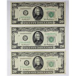 3 PCS. 1950-B $20.00 FEDERAL RESERVE NOTES: