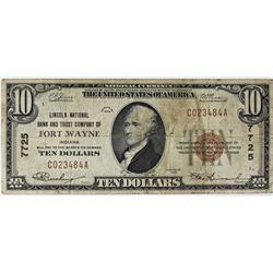 1929 $10.00 FT. WAYNE LINCOLN BANK $7725