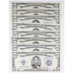 EIGHT 1934-C $5.00 SILVER CERTIFICATES