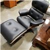 Image 2 : AS NEW EAMES BLACK LEATHER AND TEAK FINISH SWIVEL CHAIR AND OTTOMAN , RETAIL $1399