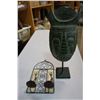 Image 2 : CARVED PLAQUE AND FIGURE AND CARVED MASK ON STAND AND TEALIGHT WALL HOLDER WITH STRETCHED LSEATHER A