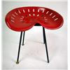 Image 1 : A RED PAINTED METAL SEAT Dizzy's seat, losses and wear, 19"h x 18"w x 14"d