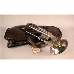 A SILVER AND MOTHER-OF-PEARL INLAID PUDGY TRUMPET Inscribed "Pudgy by Denicola", Registry #177637, d