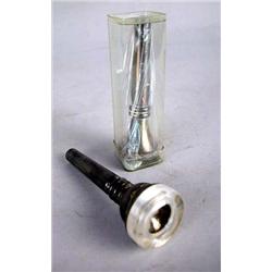 A SILVER PLATED METAL TRUMPET MOUTHPIECE Gebr. Muller Amsterdam, #11, with  lucite tip, together wit