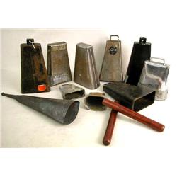 A MISCELLANEOUS GROUP OF TEN PERCUSSION BELLS Various degrees of condition, together with two sticks