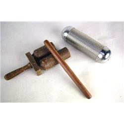 AN M. COHEN "LATIN PERCUSSION INC" CHROME SHAKER/GUIRO Together with a ribbed wooden Latin Percussio