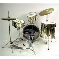 A REMO WEATHER KING AMBASSADOR BATTER USA DRUM AND CYMBALS SET In chrome and brass, four drums, and 
