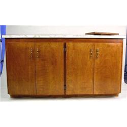 A WOOD AND MARBLEIZED LAMINATE FOUR DOOR CABINET Wear and losses, 36"h x 5'6"w x 25"d