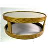 Image 1 : A CIRCULAR OAK DRUM TABLE WITH GLASS TOP Worn condition, 16"h x 41" dia.