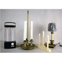 AN ANTIQUED BRASS THREE-LIGHT STUDENT LAMP Together with three contemporary table lights