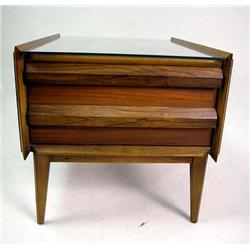 A WALNUT ONE DRAWER END TABLE WITH GLASS TOP Lane Furniture Co., wear, 21"h x 22"w x 28"d