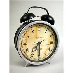 A BLACK AND SILVER BIG BELL GIANT ALARM CLOCK Cracks to handle, wear, 17 1/2"h x 13 3/4"w x 5 1/2"d