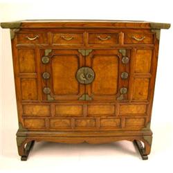 A CHINESE METAL-MOUNTED TROPICAL HARDWOOD CABINET Cracks and wear, 38 1/2"h x 40"w x 18"d