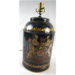 A ROUND TOLE TYPE CANISTER SHAPE LAMP With coat of arms design and string shade, good condition, 18"