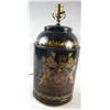 Image 1 : A ROUND TOLE TYPE CANISTER SHAPE LAMP With coat of arms design and string shade, good condition, 18"