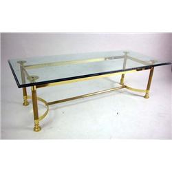 A BRASS AND GLASS TOP RECTANGULAR SHAPED LOW TABLE Together with a marble top low table, 2 pieces