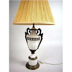 A NEOCLASSICAL STYLE GILT METAL MOUNTED BISQUE PORCELAIN URN-FORM LAMP Electrified, 31"h