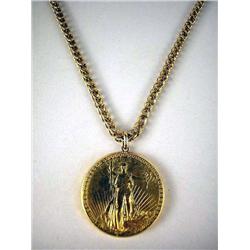 A MORGAN 1924 $20 COIN REPRODUCTION Suspende from a gold link chain, apx. 46.1 dwt.
