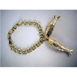 A 14K YELLOW GOLD CHARM BRACELET WITH DOUBLE HANGING FISH PENDANTS Apx. 14.5 dwt.