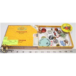 CIGAR BOX FILLED WITH PINS, STAMPS, COIN ETC