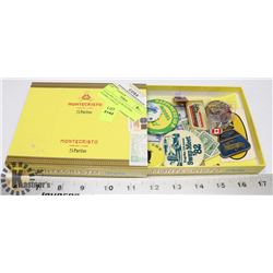 CIGAR BOX FILLED WITH PINS, STAMPS, COIN ETC