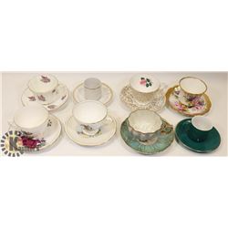 FLAT OF ASSORTED TEA CUPS AND SAUCERS INCLUDING