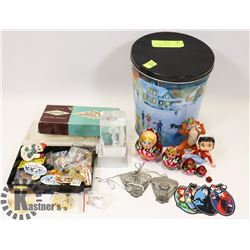 TIN OF ASSORTED COLLECTIBLES INCLUDING NESTING