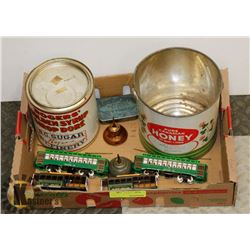 FLAT OF COLLECTIBLES INCLUDING TRAINS AND TINS