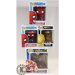 LOT OF 4 FUNKO POP MARVEL SPIDER MAN, IRON MAN &