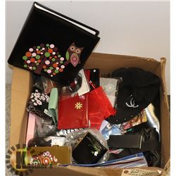 BOX OF ASSORTED WALLETS, NECK CHOKERS, ETC