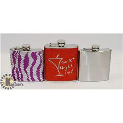3 NEW STAINLESS STEEL FLASKS OF VARIOUS THEMES