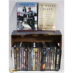 BOX OF NEW AND USED DVD'S AND 2 NOVELS