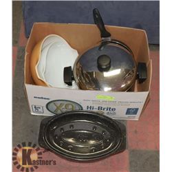 POT, ROASTER, SMALL FRYING PAN AND MIXING BOWLS.
