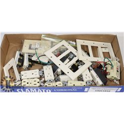 TRAY OF ELECTRICAL SWITCHES, RECEPTACLES, DIMMERS,