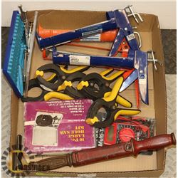 BOX W/ NEW MULTI TESTER, TOOLS AND CLAMPS.