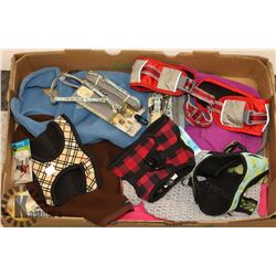 BOX OF DOG CLOTHES, LEASHES AND HARNESS