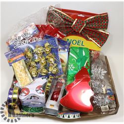 CHRISTMAS, FOIL RIBBON, ORNAMENTS, TIN AND CANDLES