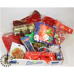 CHRISTMAS FOIL RIBBON, ORNAMENTS, TIN AND CANDLES