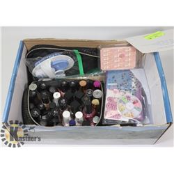 LOT OF MANICURE ACCESSORIES WITH 30 POLISHES.