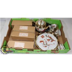 ASIAN STYLE TEA SET WITH 4 NEW CRYSTAL VASES