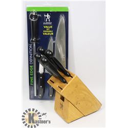 4 JA HENCKELS IN BLOCK WITH NEW 4PC SET.