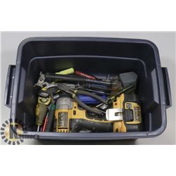 CONTAINER OF TOOLS AND DEWALT IMPACT DRILL - NO