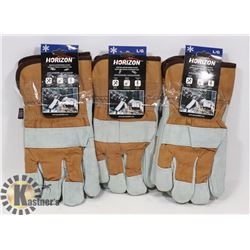 3 PAIRS OF WINTER LEATHER WORK GLOVES