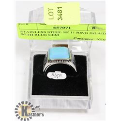 STAINLESS STEEL SZ 11 RING INLAID WITH BLUE GEM
