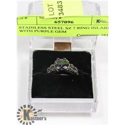 STAINLESS STEEL SZ 7 RING INLAID WITH PURPLE GEM