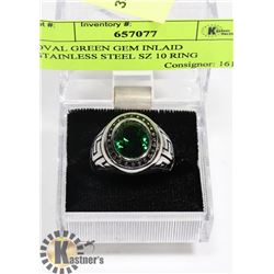 OVAL GREEN GEM INLAID STAINLESS STEEL SZ 10 RING