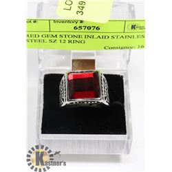 RED GEM STONE INLAID STAINLESS STEEL SZ 12 RING